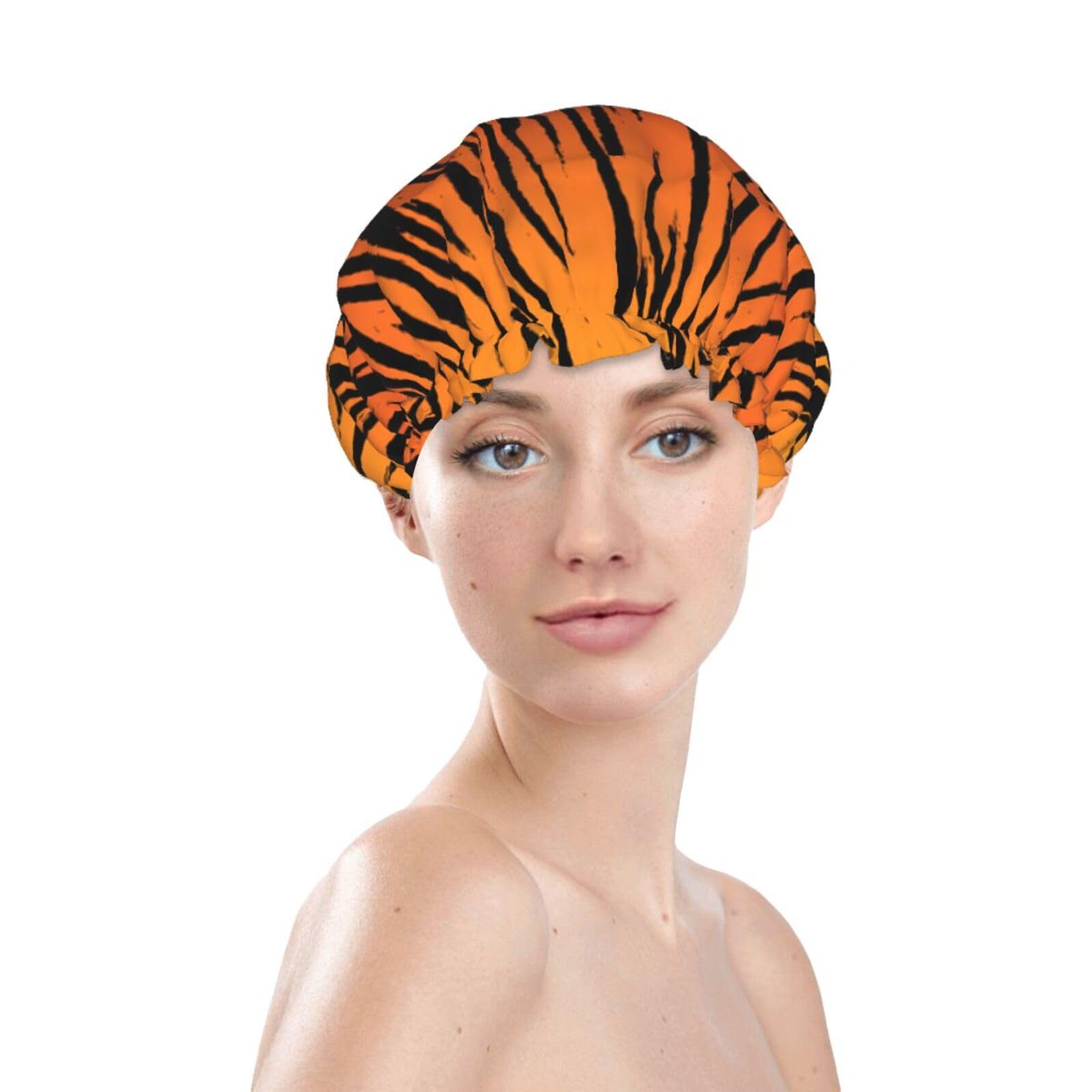 Double Layer Waterproof Shower Cap for Women,Portable Hair Protection for Long Hair,Versatile Bath Accessory Tiger Stripe