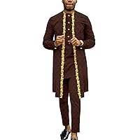 African Men's Clothing Suit 2 Piece Set Long Embroidery Coat Shirt Pants Wedding Wear Robe
