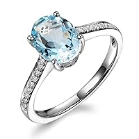 Unique Vintage Genuine Aquamarine for Women 14K White Gold Natural Diamond Engagement March Birthstone Wedding Ring
