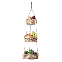 Hanging Fruit Basket 3 Tier for Kitchen, Handmade Natural Rattan Handwoven Wicker Seagrass Woven Wall Baskets Vegetable Organizer Produce Fruit Holder Counter Space Saver Storage Boho Hanging Planter