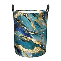 Azurite Teal And Foil Gold Oil Marble Pattern Waterproof Oxford Fabric Laundry Hamper,Dirty Clothes Storage Basket For Bedroom,Bathroom