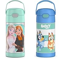 FUNTAINER 12 Ounce Stainless Steel Vacuum Insulated Kids Straw Bottle, Frozen 2 & FUNTAINER 12 Ounce Stainless Steel Vacuum Insulated Kids Straw Bottle, Bluey