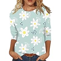 Womens Tops Summer Casual Loose Daisy Printed Mom Shirts for Mothers Day Trendy 3/4 Sleeve Crew Neck Fitting Blouse