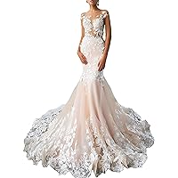 Women's Lace Mermaid Wedding Dresses for Bride with Train Long Illusion Backless Bridal Ball Gown