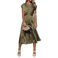 PRETTYGARDEN Women's 2024 Summer Satin Midi Dress Cap Sleeve Tie Waist Elegant A-Line Flowy Dresses