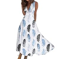 Midi Dresses for Women Summer Beach 2024 Vacation Long Summer Sleeveless V-Neck Waist Retraction Printed Dress