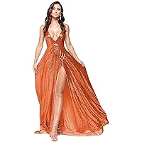 Sparkly Sequin Prom Dresses with Slit Long Deep V-Neck Spaghetti Straps Formal Dresses for Women Backless