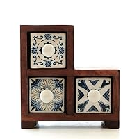 Tom1266 (A) Small Drawer Mini Chest Tabletop Wooden Ceramic Antique Stylish Accessory Case 3 Mini Chest Steers Blue & White