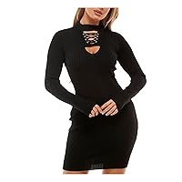 Womens Black Knit Ribbed Cut Out Grommet Lace Up Detail Long Sleeve Mock Neck Short Party Body Con Dress Juniors XS
