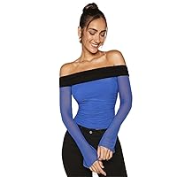 Off Shoulder Contrast Trim Ruched Mesh Top - Casual Colorblock Long Sleeve