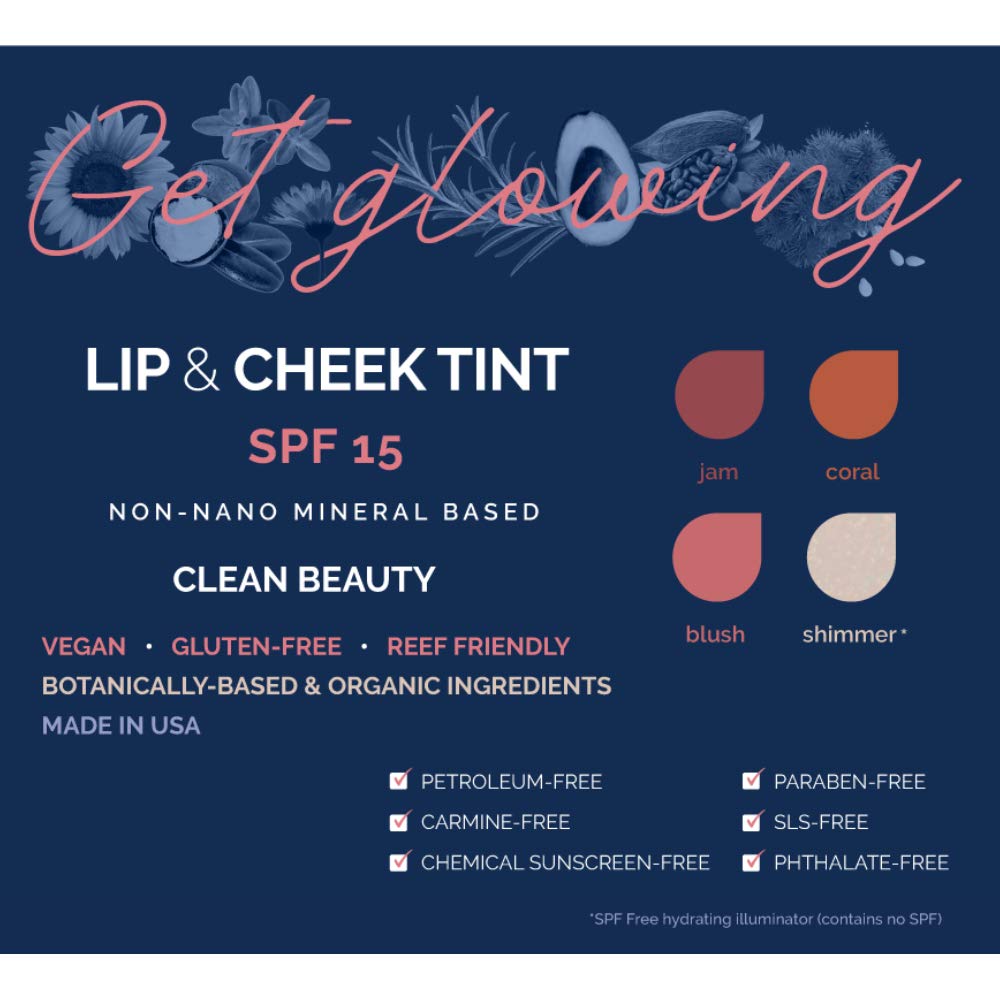All Good Get Glowing Lip & Cheek Tint - SPF 15 Vegan Mineral Face Makeup Tinted Balm, Cream Blush, Organic Sustainable Botanical Ingredients (Coral)