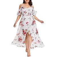 Womens Plus Size Floral Lace Cold Shoulder Maxi Long Dress Elegant Party Evening Camis Dresses