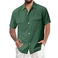 HAYKMTRU Mens Summer Cuban Linen Beach Shirts Casual Short Sleeve Two Pockets Button Down T-Shirts Classic Woven Shirt