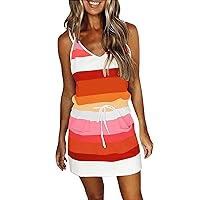 Sundresses for Women 2024 Summer Casual Loose V Neck Mini Dress Striped Drawstring T Shirt Dress with Pockets