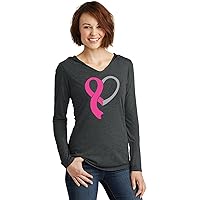 Breast Cancer Awareness Heart Ribbon Womens Long Sleeve Lightweight Hoodie