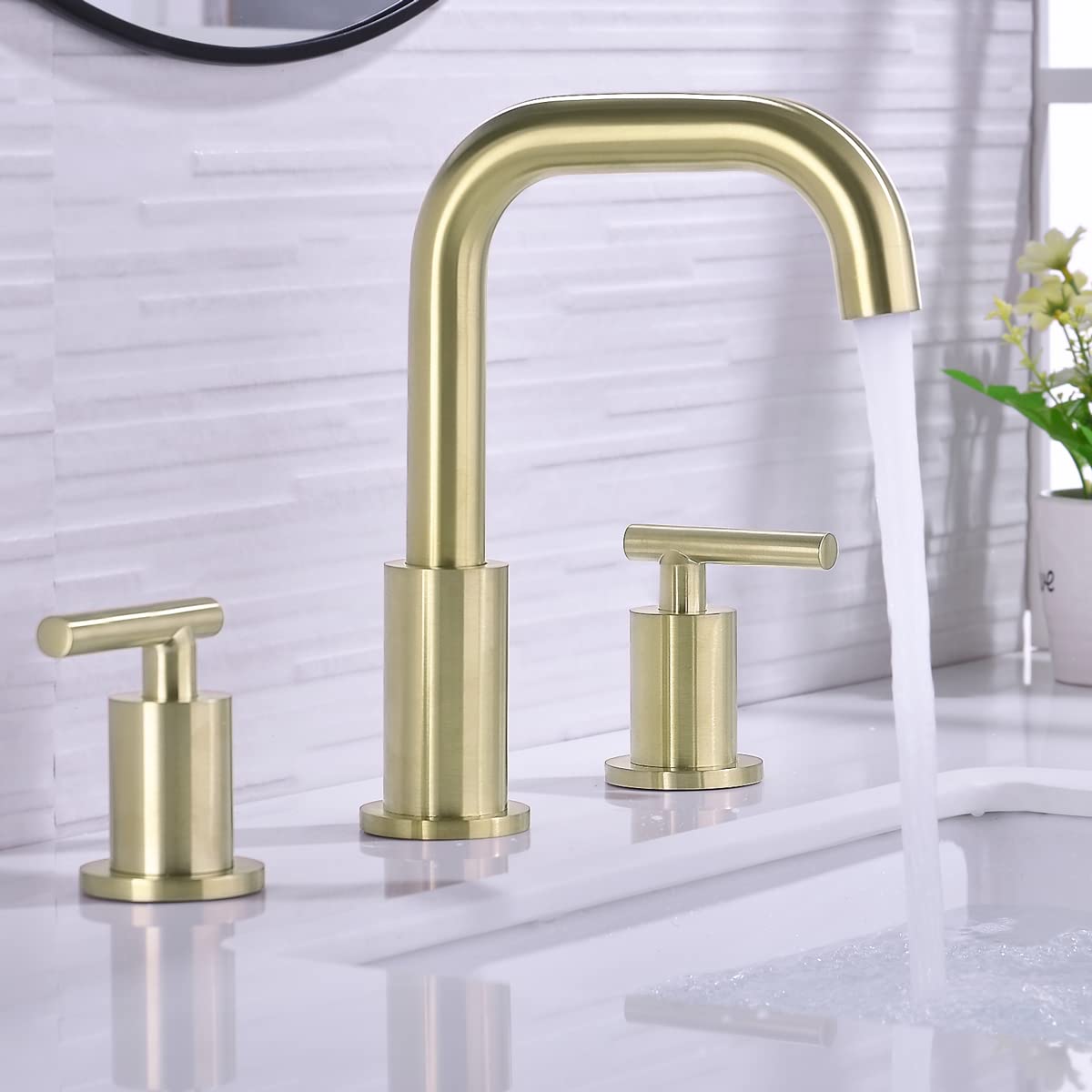 TRUSTMI Bathroom Faucet 2 Handle 8 Inch Brass Sink Faucet 3 Hole Widespread with 360 Degree Swivel Spout, cUPC Water Supply Lines and Overflow Pop Up Drain Included, Brushed Gold