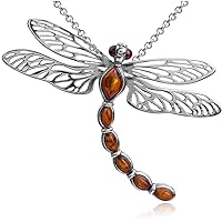 Amber Sterling Silver Dragonfly Pendant Necklace 18 Inches