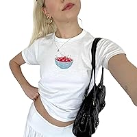 Mxiqqpltky Women Y2k Bow Print Crop T-Shirts Short Sleeve Slim Fit Tops Summer Fairy Grunge Baby Tees Aesthetic Streetwear