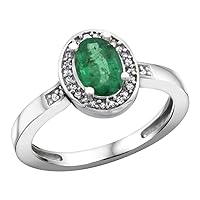 Sterling Silver Diamond Natural Emerald Ring Oval 7x5mm, 1/2 inch wide, sizes 5-10