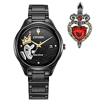 Citizen Women's Eco-Drive Disney Villain Evil Queen Crystal Watch and Pin Gift Set in Black IP Stainless Steel, Snow White Art Black Dial (Model: FE6107-68W)