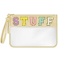 Chenille Letter Bag Clear Stuff Bag Flat Pouch Nylon and PVC Clear Cosmetic Bags Travel Makeup Bag Clear Zipper Pouches Toiletry Bag With Wristlet for Women Girls (Beige-Stuff)