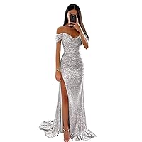 Basgute Sequin Mermaid Prom Dresses for Women 2024 Sparkly Long Off Shoulder V Neck Formal Evening Party Gown with Slit