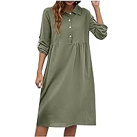 Womens Roll-Up 3/4 Sleeve Cotton Linen Shirt Dress Summer Button Down Lapel Casual Dressy Loose Solid A-Line Dress