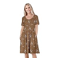 Women's Short Sleeve Empire Knee Length Dress with Pockets Brown and White