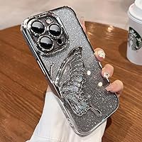 Sparkling Butterfly Quicksand Case for iPhone 15 14 13 12 11 Pro Max Electroplate Glitter Bling & Transparent Cute Camera Protector Pretty & Shiny Cover (Silver,for iPhone 15 Pro Max)