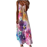 Fashion Spaghetti Strap Maxi Dresses Women Floral Summer Sleeveless V Neck Beach Dress Casual Flowy Long Sundress