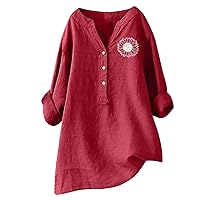 Plus Size Tops for Women Cotton Linen Blouse Casual Floral Print Button Up Crewneck Short Sleeve Loose Fit T Shirt
