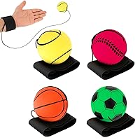 4 Pieces Wrist Return Ball, 2 Inch Rubber Rebound Ball Wristband On A String Sports Wrist Ball Includes Basketball, Baseball and Football for Teens Adults Wrist Exercise or Play