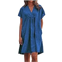 Sequin Dress for Women Long Sleeve Women's Oversized Summer Dresses 2024 Trendy Cotton Linen Dress V Neck Short Sleeve Sundress Fitted Pleated Dresses Vestidos De Verano para Blue