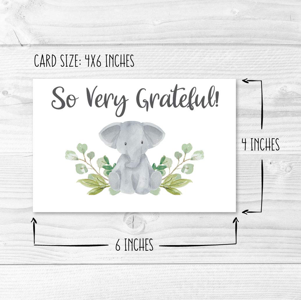 24 Greenery Elephant Thank You Cards With Envelopes, Kids or Baby Shower Thank You Note, Animal 4x6 Varied Gratitude Card Pack Party, Birthday, For Boy or Girl Children, Cute Appreciation Stationery