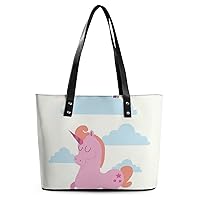 Womens Handbag Pink Unicorn Rainbow Leather Tote Bag Top Handle Satchel Bags For Lady