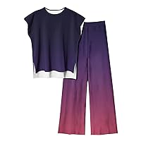 Women's Summer 2 Piece Outfits Cap Sleeve High-Low Hem Tops and Wide Leg Pant Sets 2024 Gradient Lounge Tracksuit