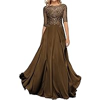 Women's Chiffon Formal Dress Lace Appilques Floor Length Mother of The Bride for Wedding Dress Half Sleeves