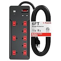 ETL Listed Power Strip Surge Protector, 8 Outlets with 3 USB Ports(1.6In Wide), 6 Ft Power Cord (1875W/15A) Multiple Colors Power Strip for Home, Office, Dorm Essential, Black-1Pack
