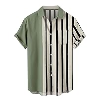 Bowling Shirts for Men Color Block Print Short Sleeve Hawaiian Tops Casual Button Down Beach Aloha Shirt with Pocket