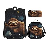 3 Pcs Cute Baby Sloths Sleeping Print Backpack Sets Casual Daypack with Lunch Box Pencil Case for Women Men