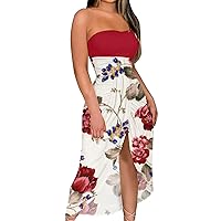 XJYIOEWT Floral Dresses for Women 2024,Women's Sexy Printed Off The Shoulder One Line Neck Irregular Casual Skirt Bag Hi
