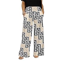 Women's Wide Leg Pants with Pockets with a Cream/Blu Geometric Design