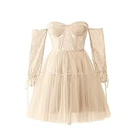Maxianever Women’s Plus Size Tulle Prom Dresses with Lace Sleeves Short Evening Mini Homecoming Cocktail Gowns Champagne US28W
