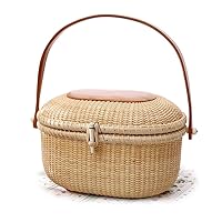 TengTian Nantucket Clutches & Evening Bags Basket Tote Bag Cane-on-Cane Weave Oval Basket,Lined with Brocade Fabric Beach Bags Beach Purse