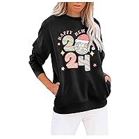 2024 Happy New Year Women's Cute Sweatshirt Long Sleeve Crewneck Pullover Tops Xmas Lightweight Tops with Pockets