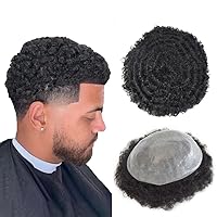 Afro Curl Mens Toupee Hairpiece African American Human Hair System Replacement 10X8 All Poly Skin PU Curly Hair Unit Toupee for Black Men Wigs (#1B40 Off Black+40% Gray, Afro Wavy 6MM)