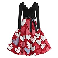 Holiday Dresses for Women Valentine's Day A Line Print Elegant Slim with Waistband Long Sleeve V Neck Dress