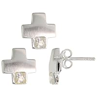 Sterling Silver Princess Cut CZ Greek Cross Stud Earrings & Pendant Set Assorted colors for women Brushed finish