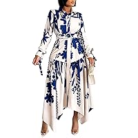 Women's Elegant Botanical Printed Dress Lapel Long Sleeve Button Closure High Waist Irregular Hem Maxi Dress with Belt