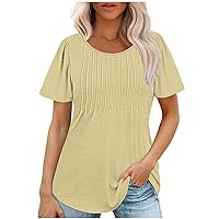 Women's Summer Casual Top Short Sleeve T-Shirts Square Neck Pleated Flowy Trendy Tunic Tops for Leggings